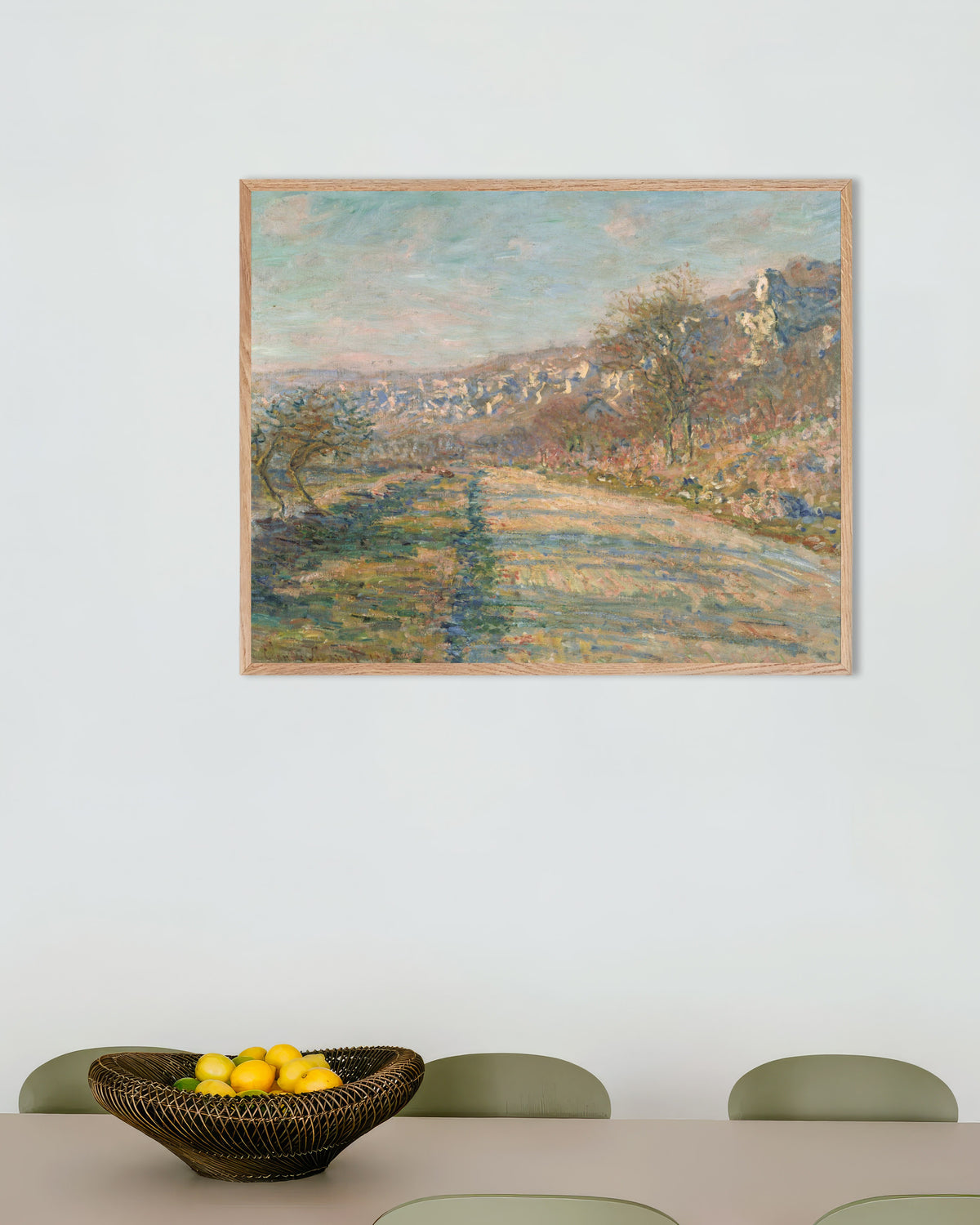 Poster of The Road to La Roche-Guyon (1880) by Claude Monet, with natural wooden frame
