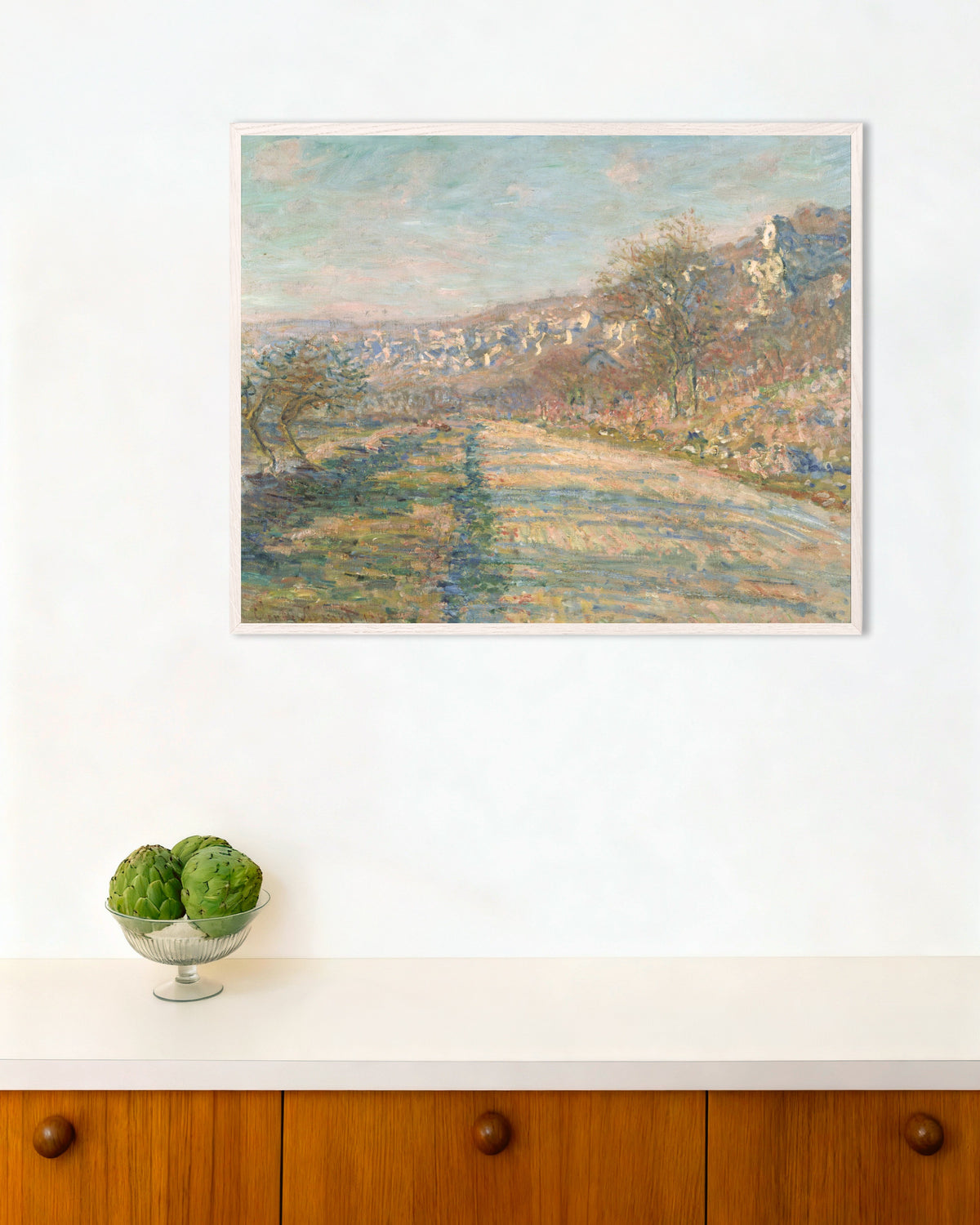 Poster of The Road to La Roche-Guyon (1880) by Claude Monet, with white wooden frame