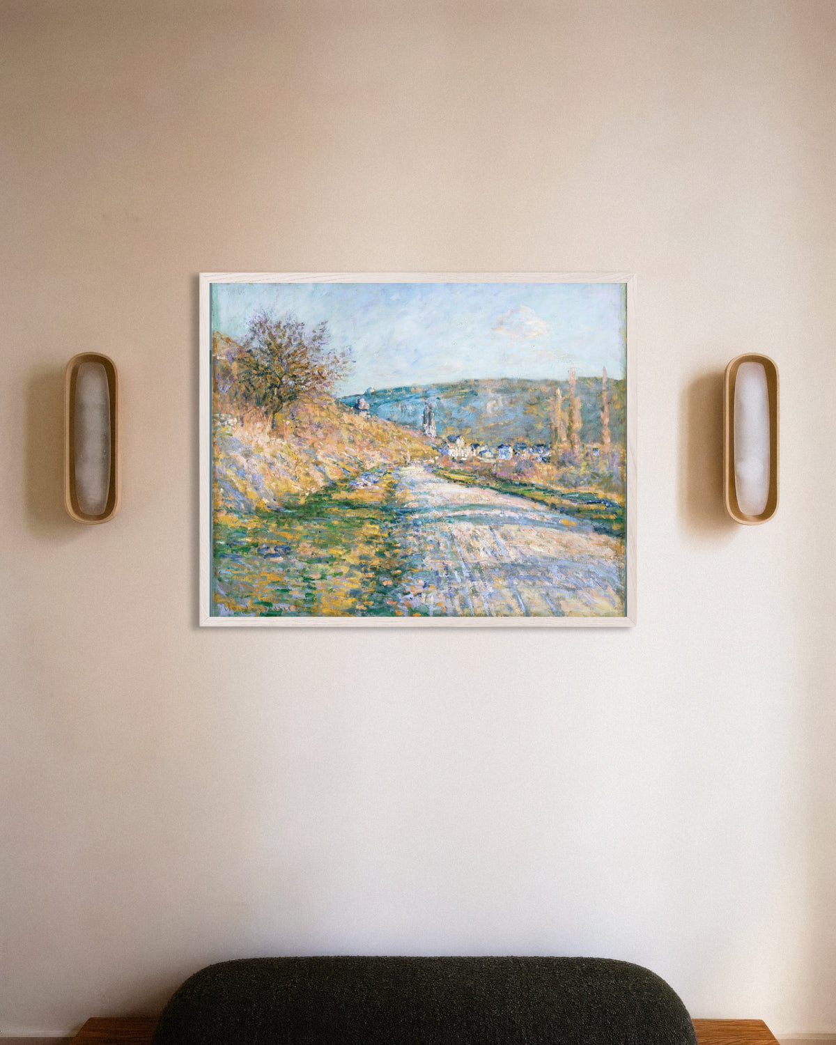 Poster of The Road to Vétheuil (1879) by Claude Monet, with white wooden frame