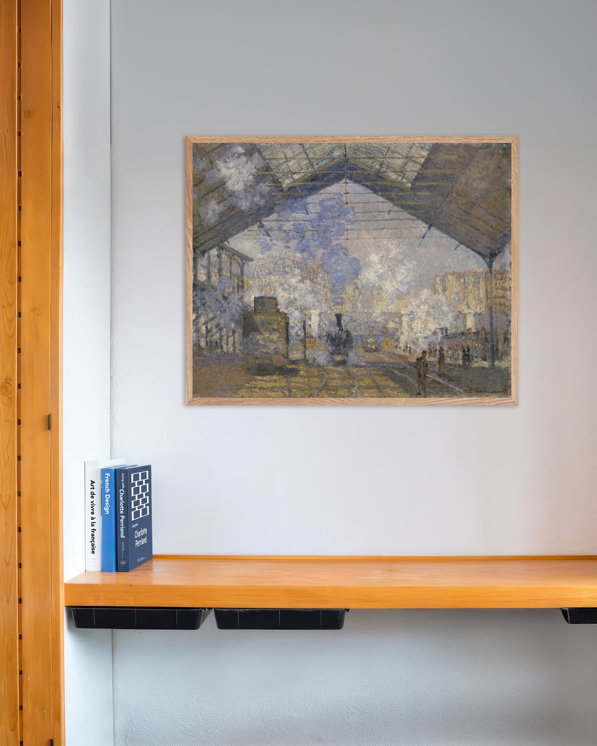 Poster of The Saint-Lazare Station (1877) by Claude Monet, with natural wooden frame