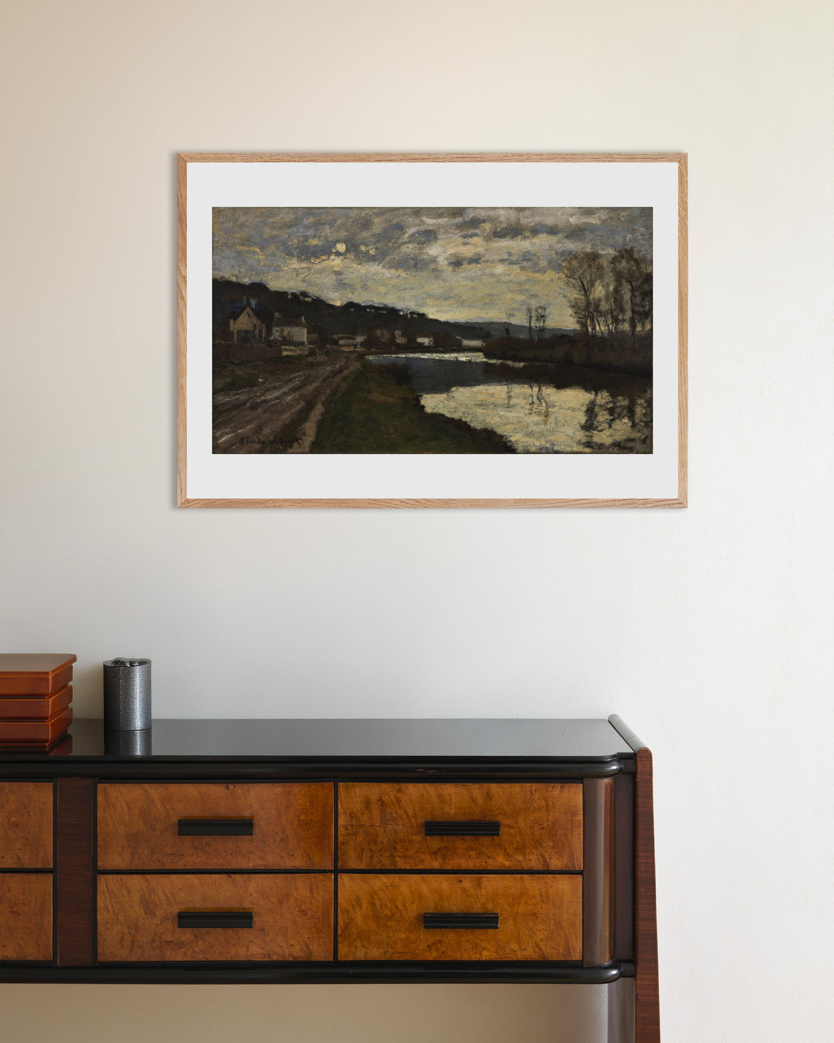 Poster of The Seine at Bougival (1870) by Claude Monet, with natural wooden frame