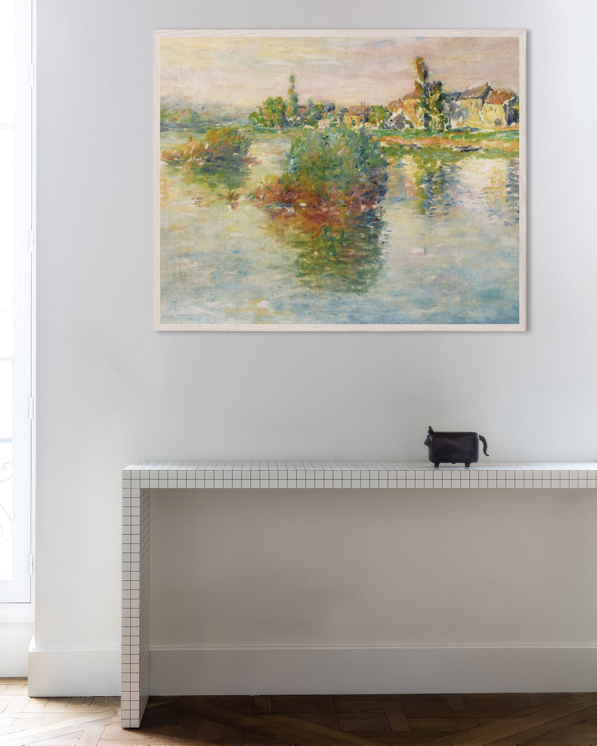 Poster of The Seine at Lavacourt (1879) by Claude Monet, with white wooden frame