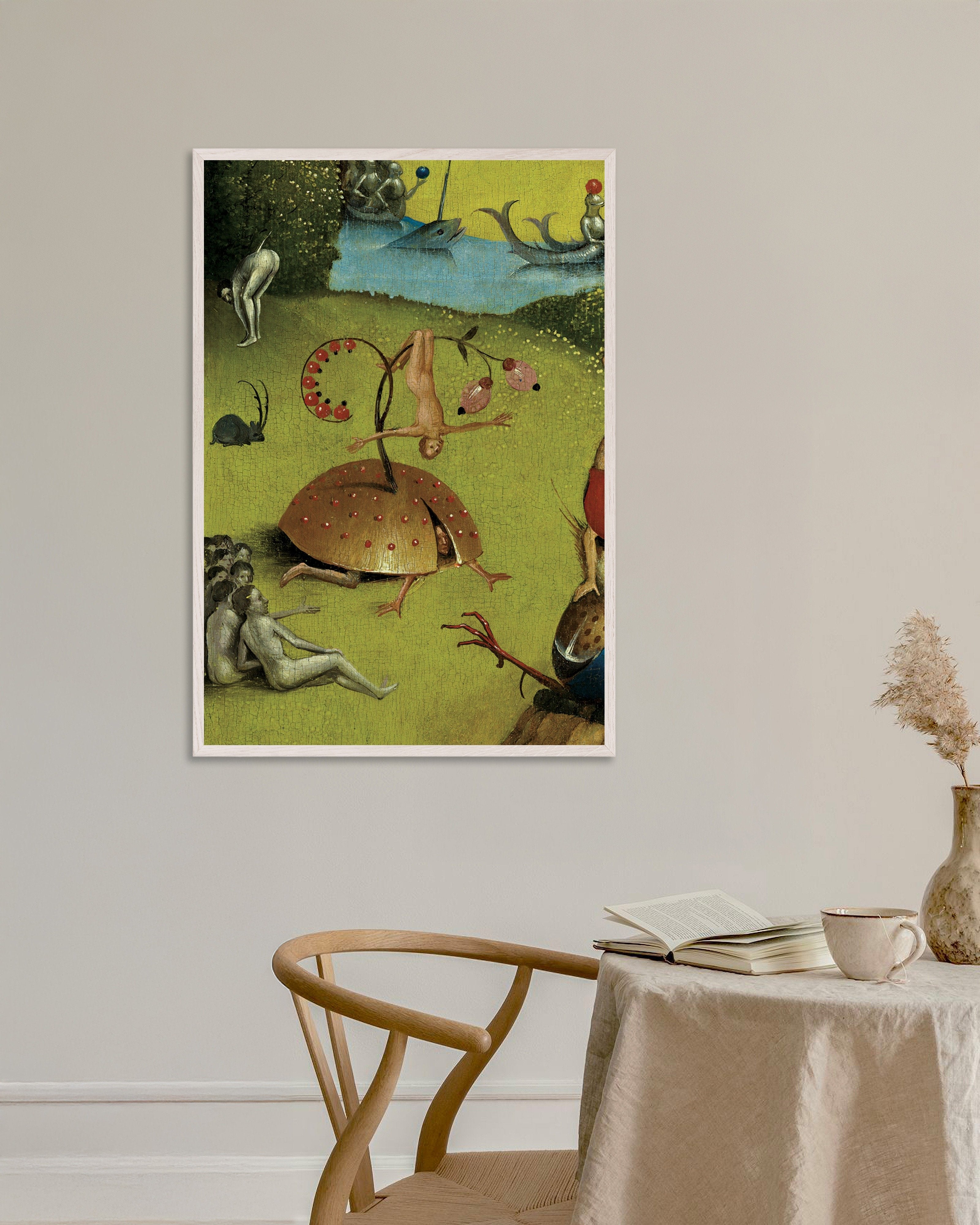 Poster of The shell and the acrobat - Detail from The Garden of Earthly Delights, with white wooden frame