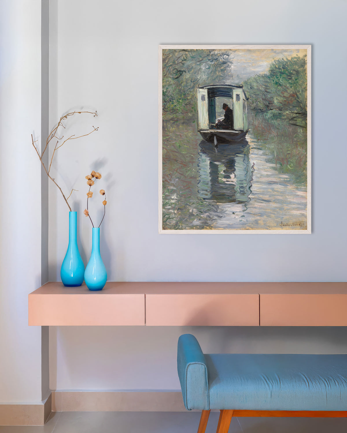 Poster of The Studio Boat (1876) by Claude Monet, with white wooden frame