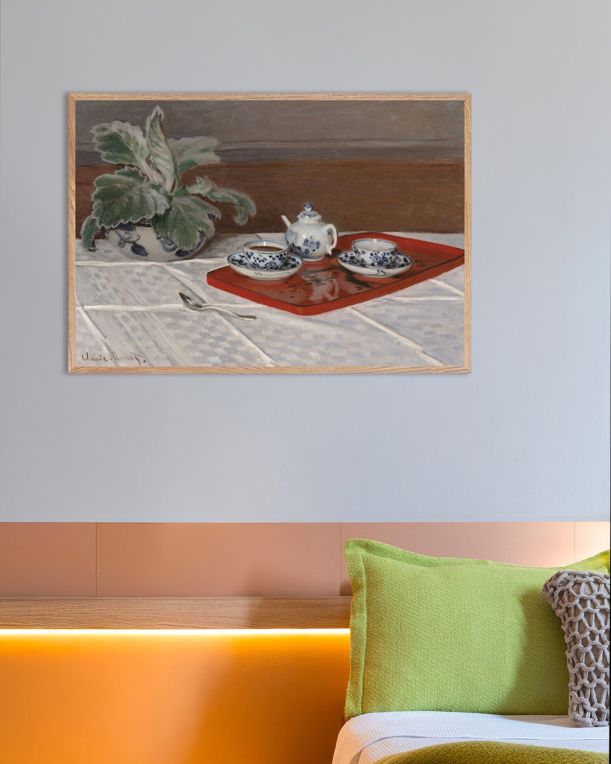 Poster of The Tea Set (1872) by Claude Monet, with natural wooden frame