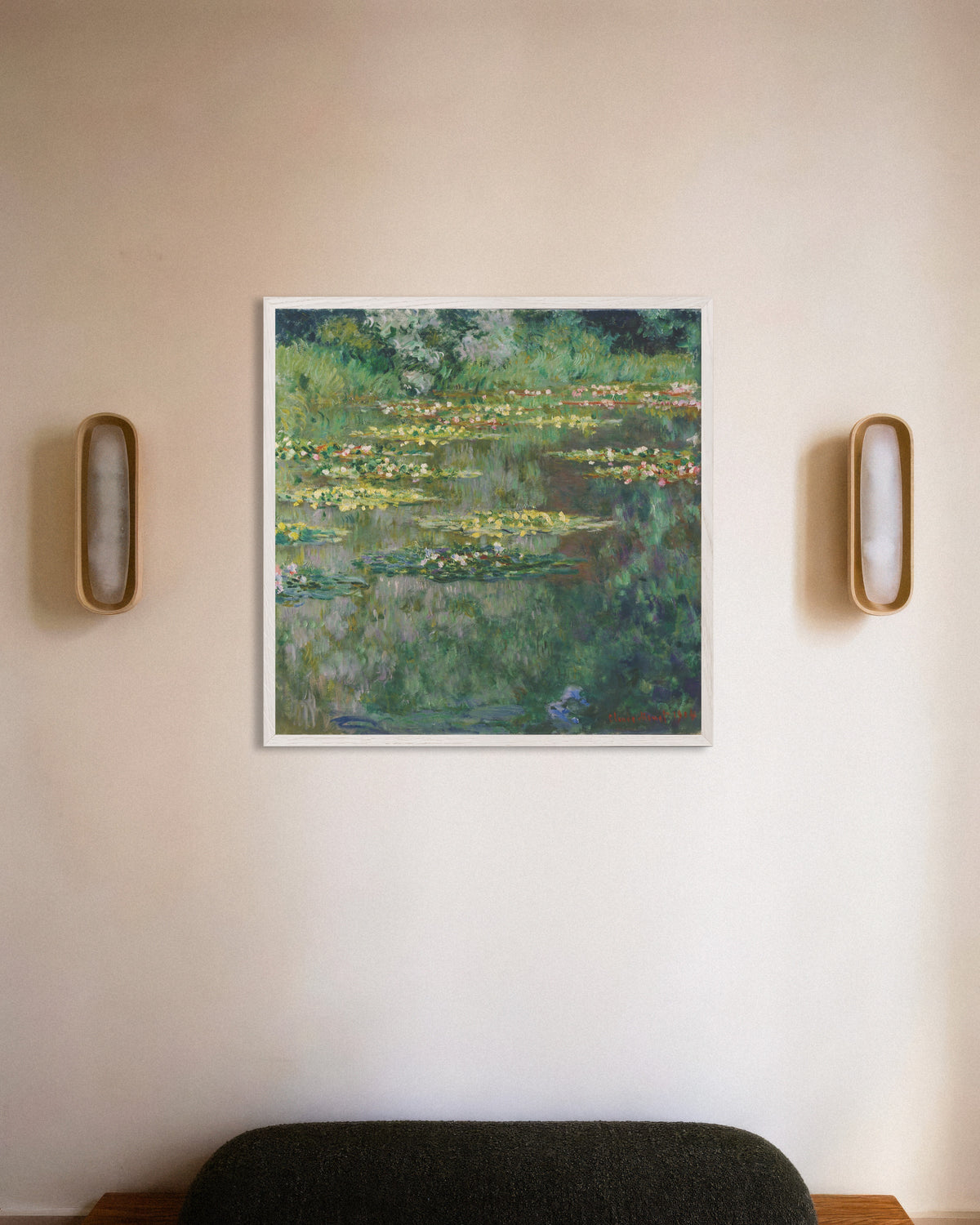 Poster of The Water Lily Pond (1904) by Claude Monet, with white wooden frame