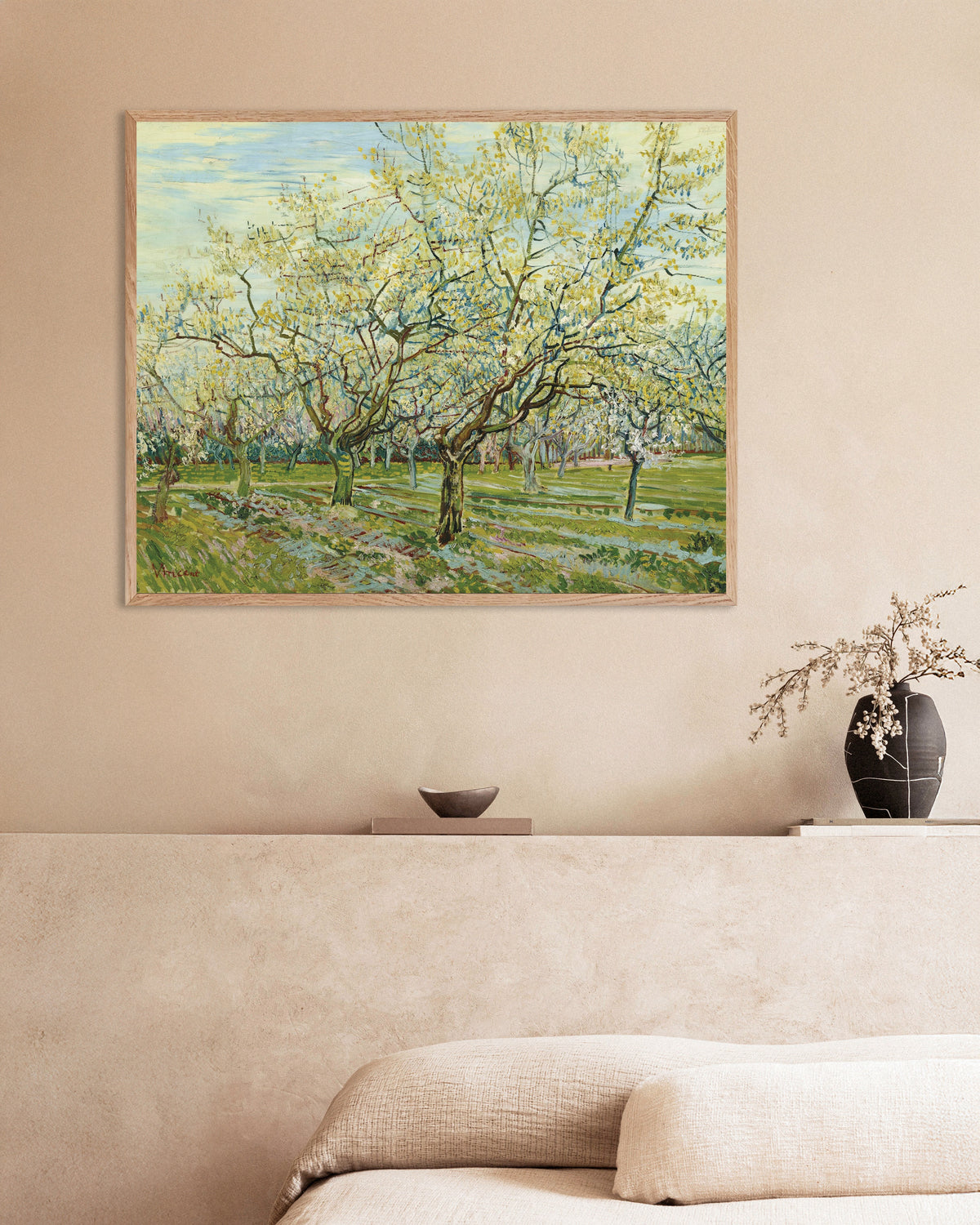 Poster of The White Orchard (1888) by Vincent van Gogh, with natural wooden frame