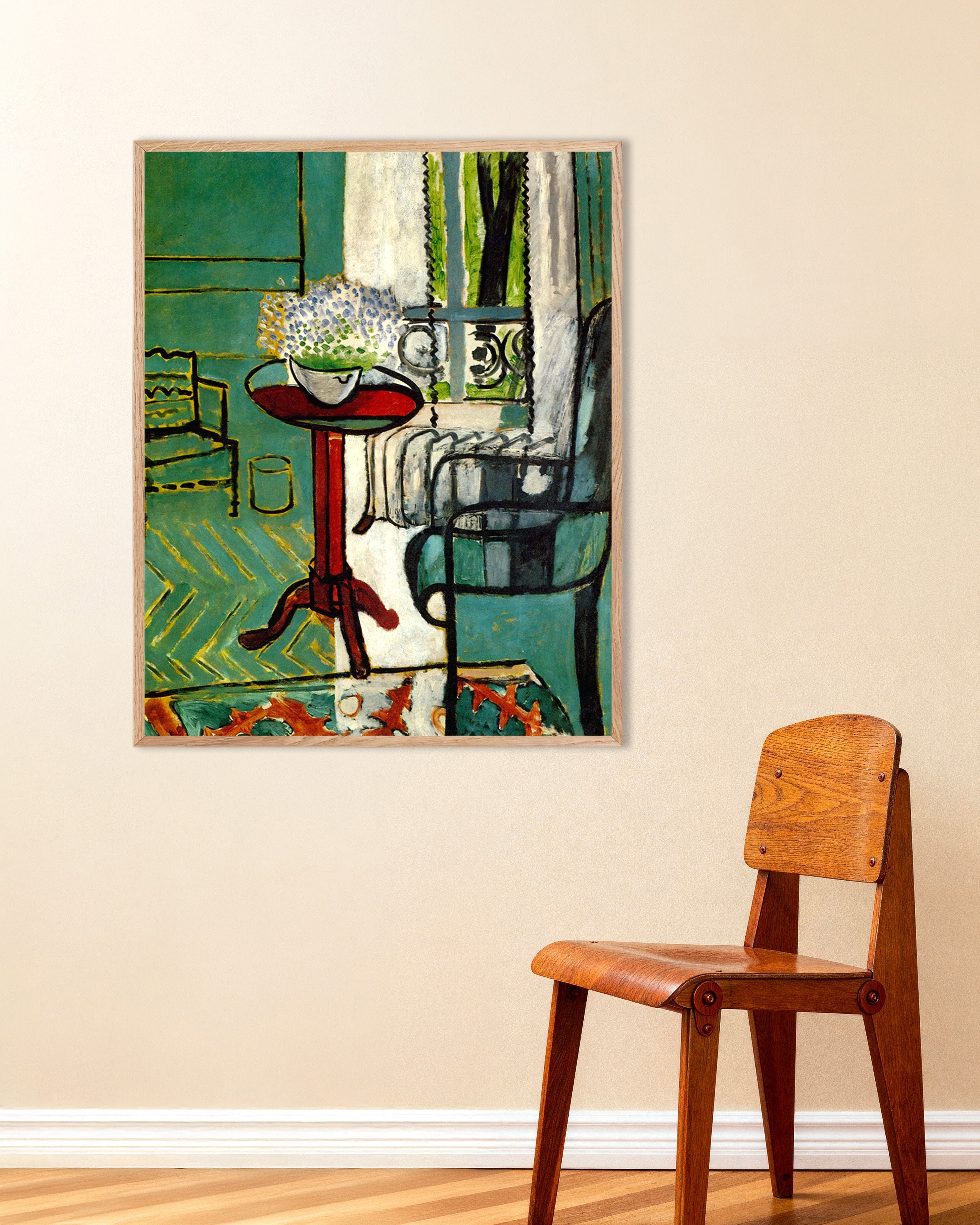 Poster of The window (Interior with forget-me-nots) by Henri Matisse, with natural wooden frame