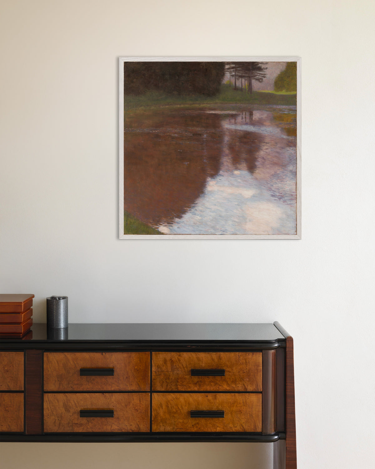Poster of Tranquil Pond (1899) by Gustav Klimt, with white wooden frame