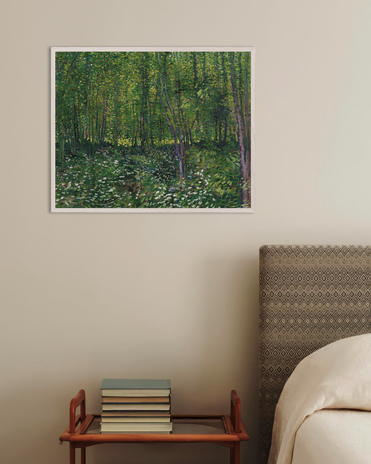 Poster of Trees and Undergrowth (1887) by Vincent van Gogh, with white wooden frame