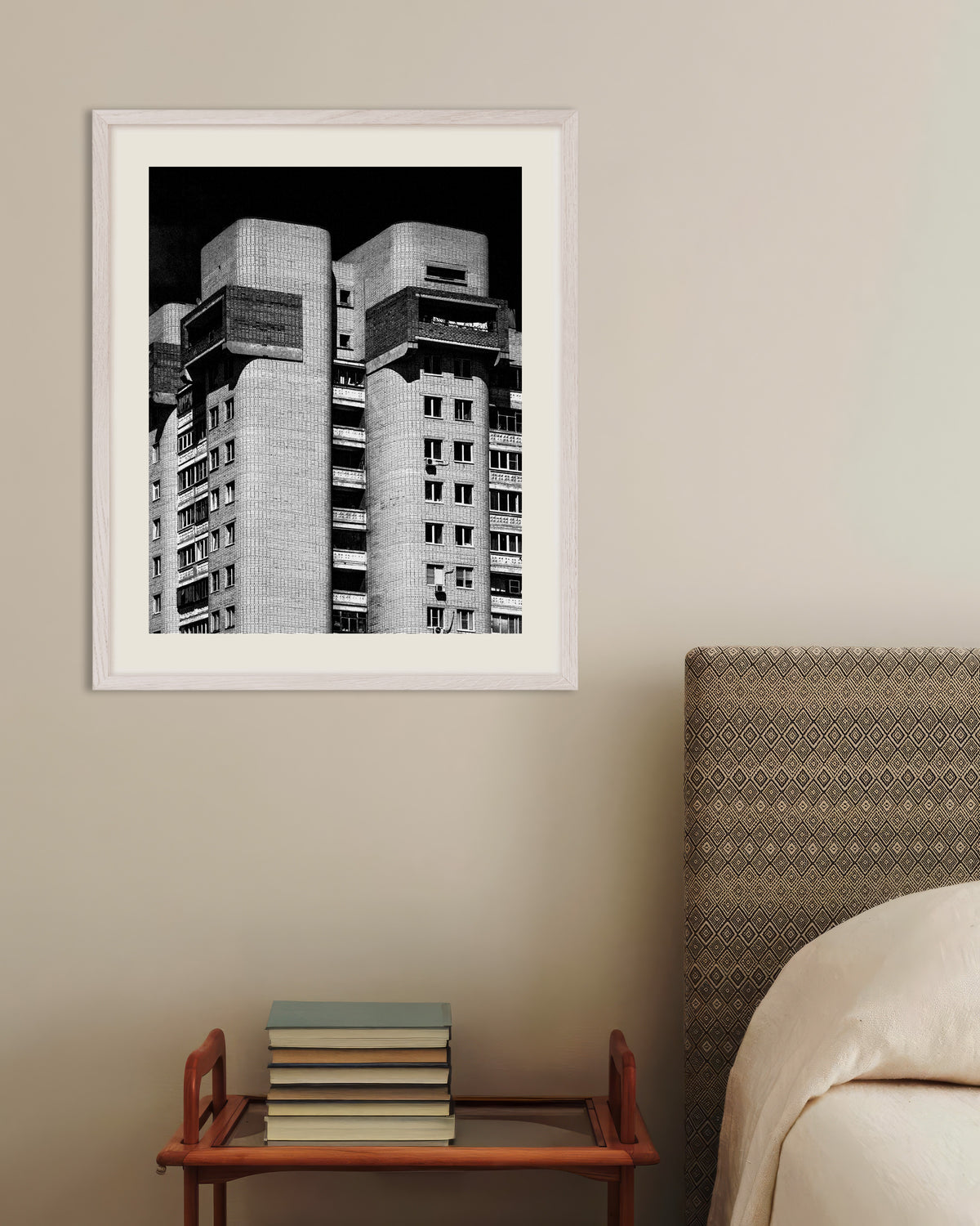 Poster of Twin Rounded Towers at Night, with white wooden frame