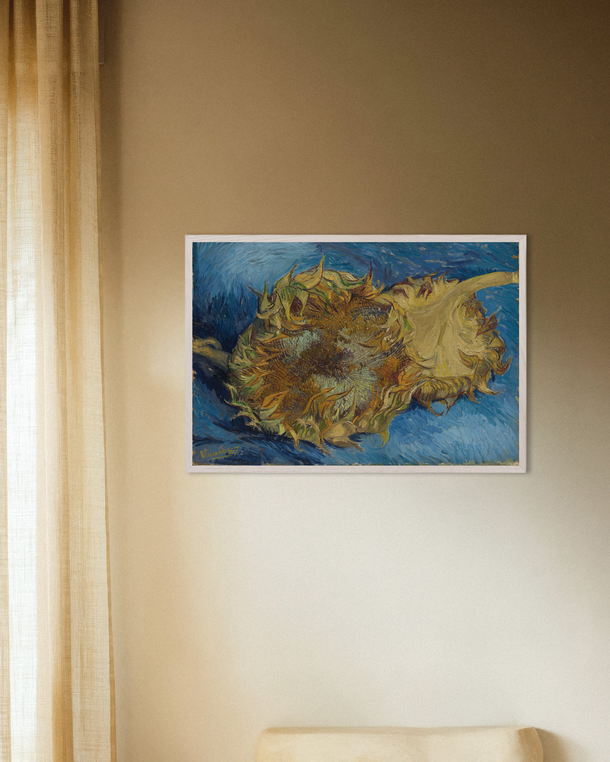 Poster of Two Cut Sunflowers (1887) by Vincent van Gogh, with white wooden frame