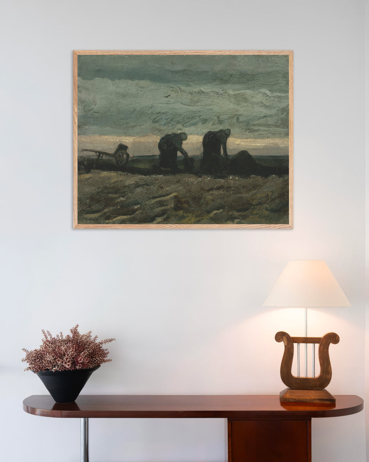 Poster of Two Women on the Heath (1883) by Vincent van Gogh, with natural wooden frame