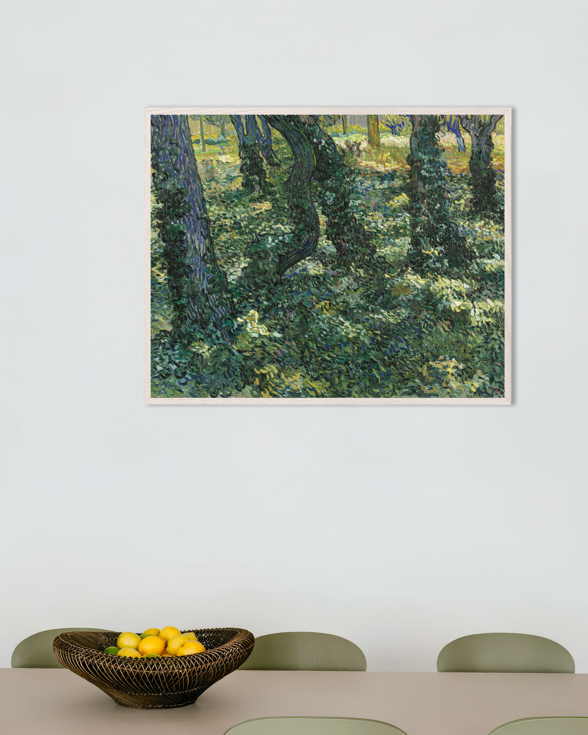 Poster of Undergrowth (1887) by Vincent van Gogh, with white wooden frame