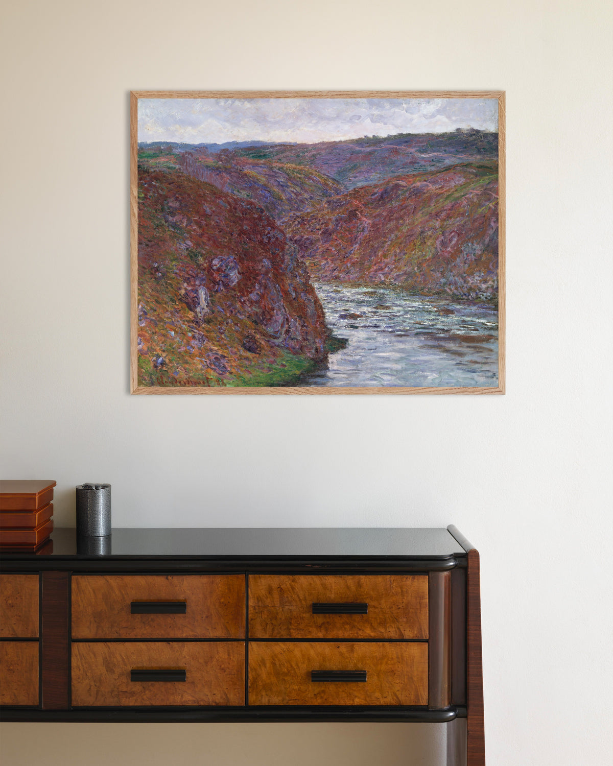 Poster of Valley of the Creuse, Gray Day (1889) by Claude Monet, with natural wooden frame