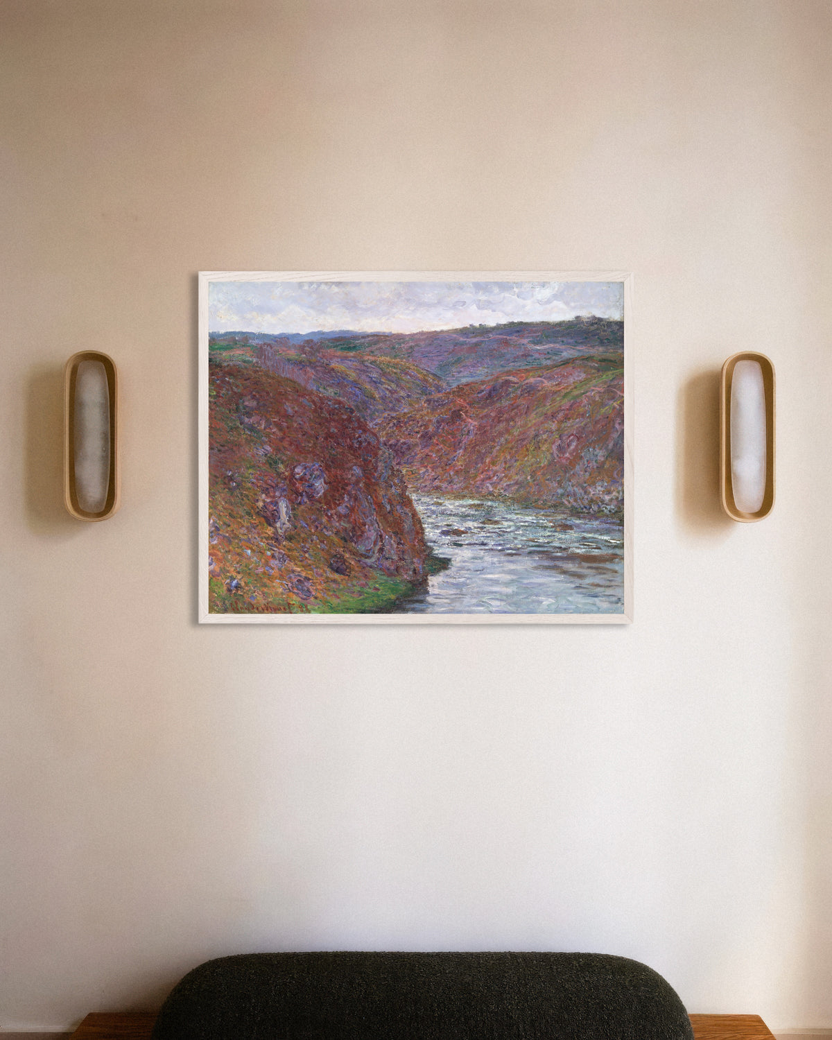 Poster of Valley of the Creuse, Gray Day (1889) by Claude Monet, with white wooden frame
