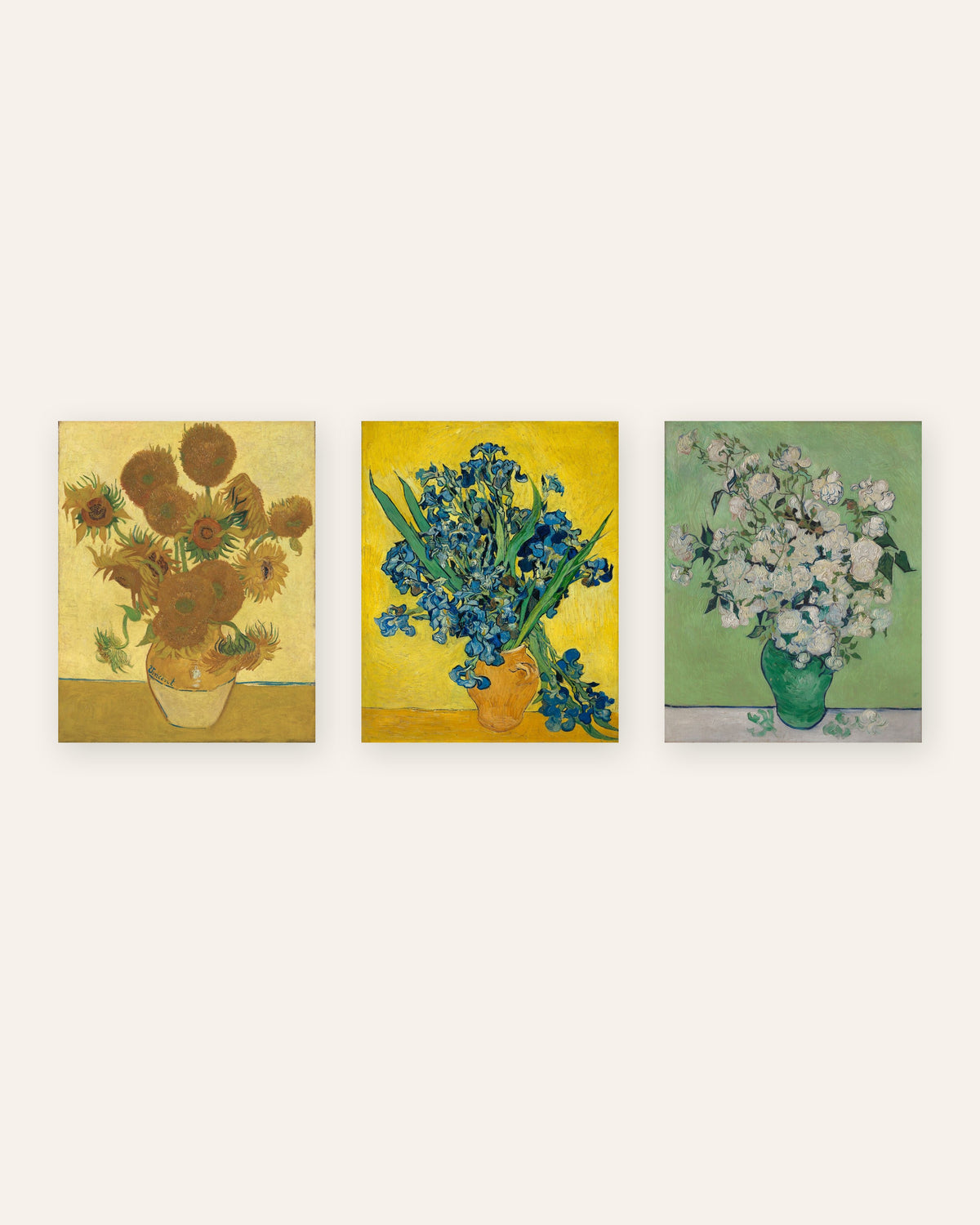 Van Gogh Flower Prints Set of 3 – Sunflowers, Irises & Roses, prints without frame