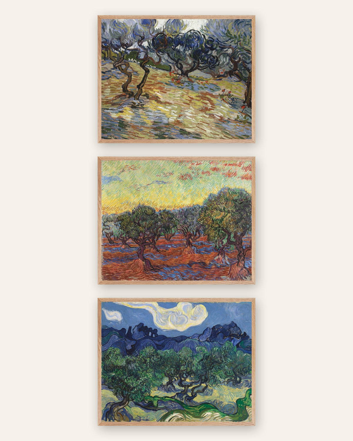 Van Gogh Olive Trees Prints Set of 3 – Saint-Rémy Olive Groves, prints in natural oak frames
