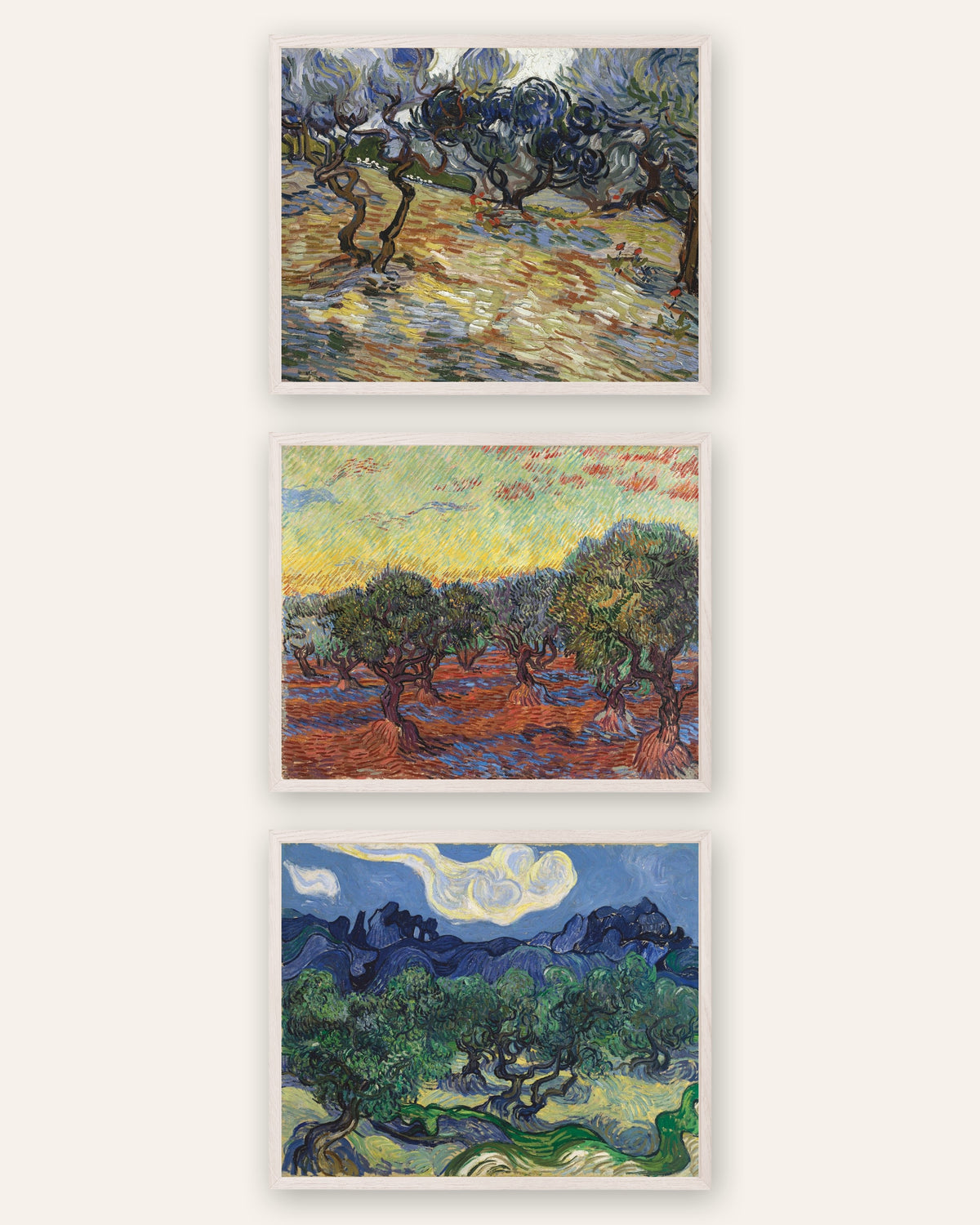Van Gogh Olive Trees Prints Set of 3 – Saint-Rémy Olive Groves, prints in white oak frames