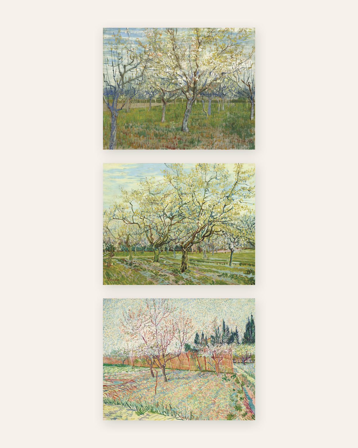 Van Gogh Orchard Prints Set of 3 – Pink, White & Cypress Orchards, prints without frame
