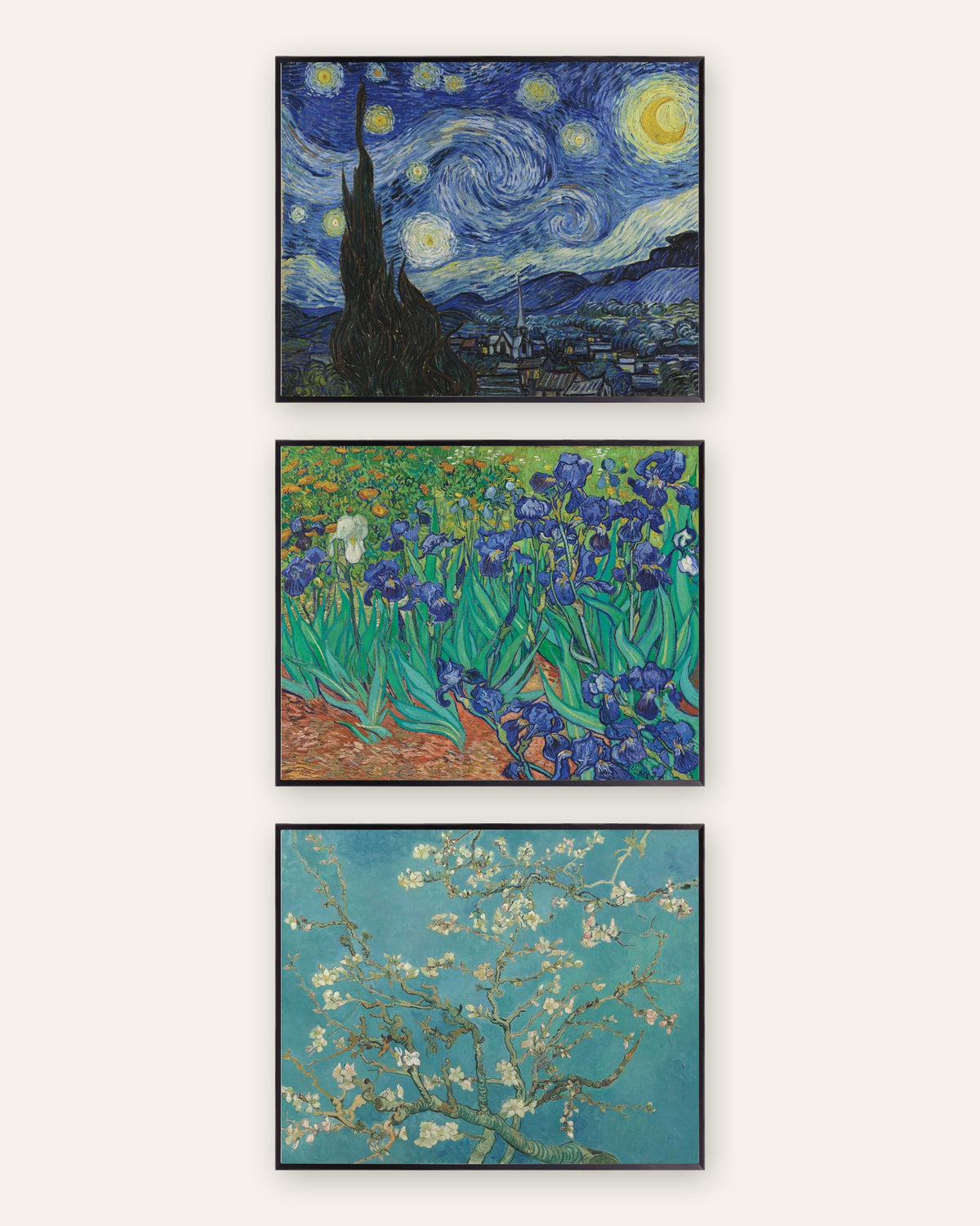 Van Gogh Prints Set of 3 – The Starry Night, Irises & Almond Blossom, prints in black metal frames