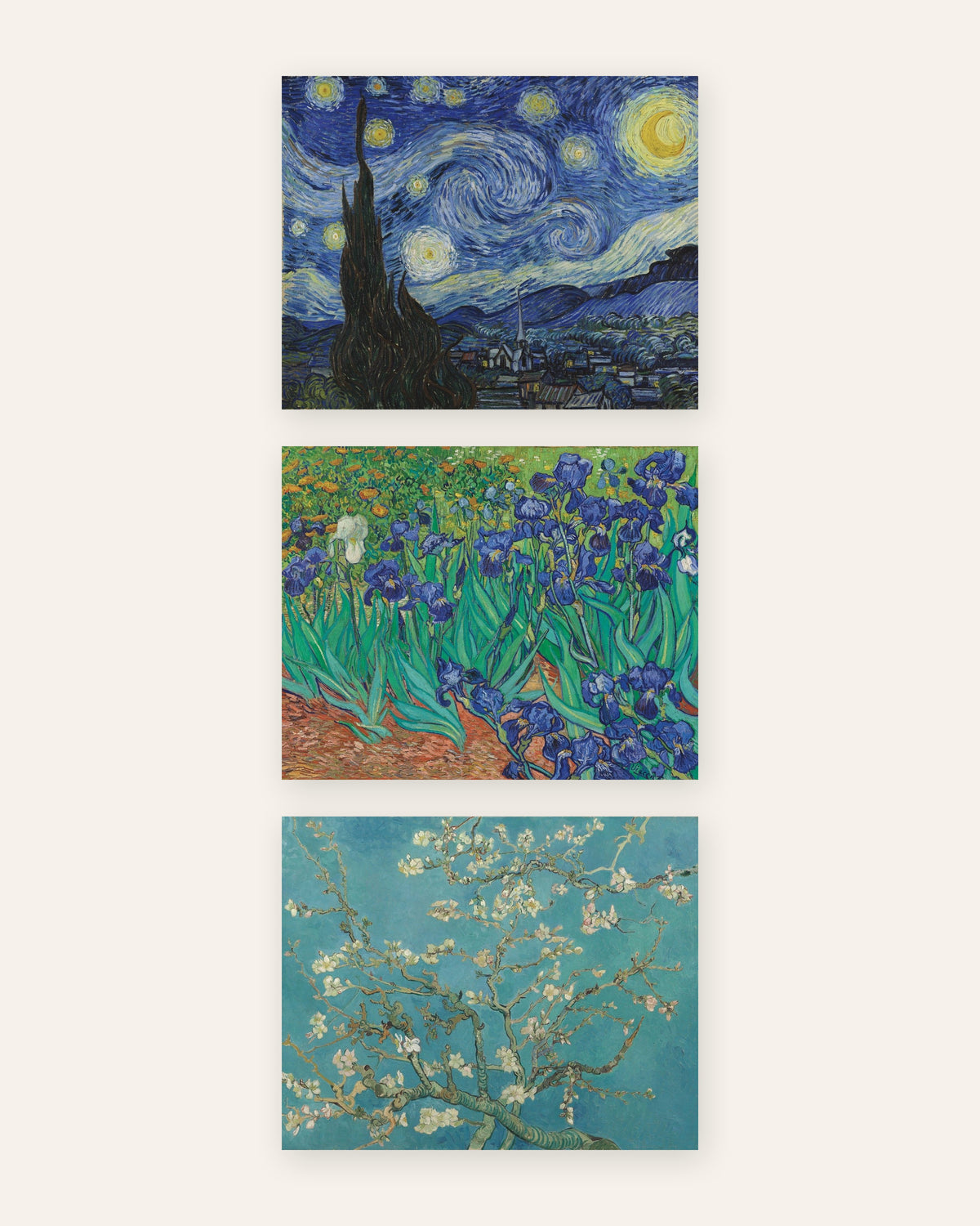 Van Gogh Prints Set of 3 – The Starry Night, Irises & Almond Blossom, prints without frame