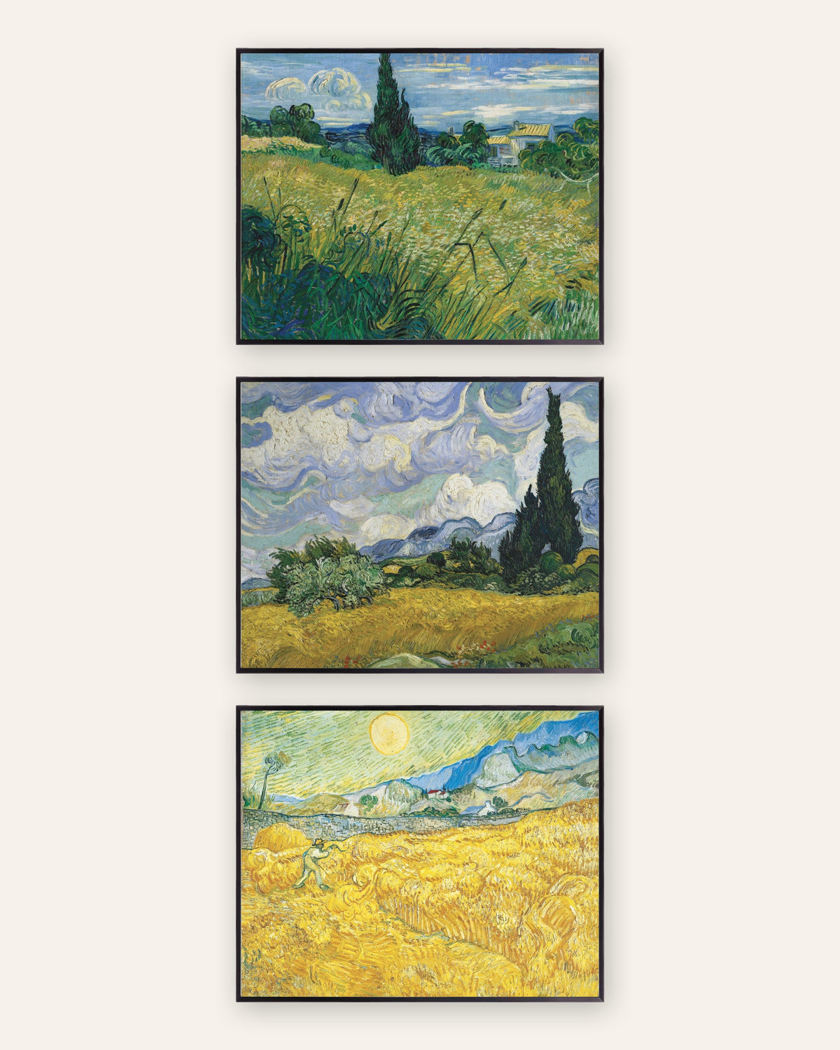 Van Gogh Wheat Field Prints Set of 3 – Cypresses & Harvest, prints in black metal frames