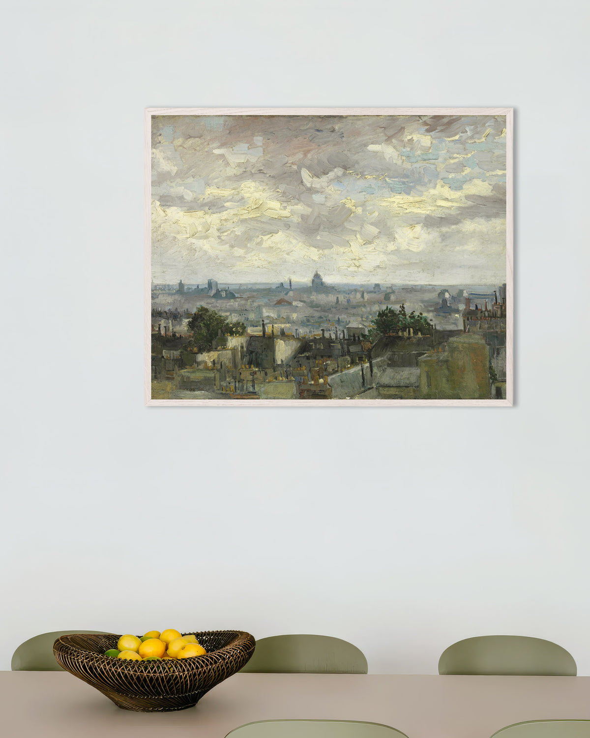 Poster of View of Paris (1886) by Vincent van Gogh, with white wooden frame