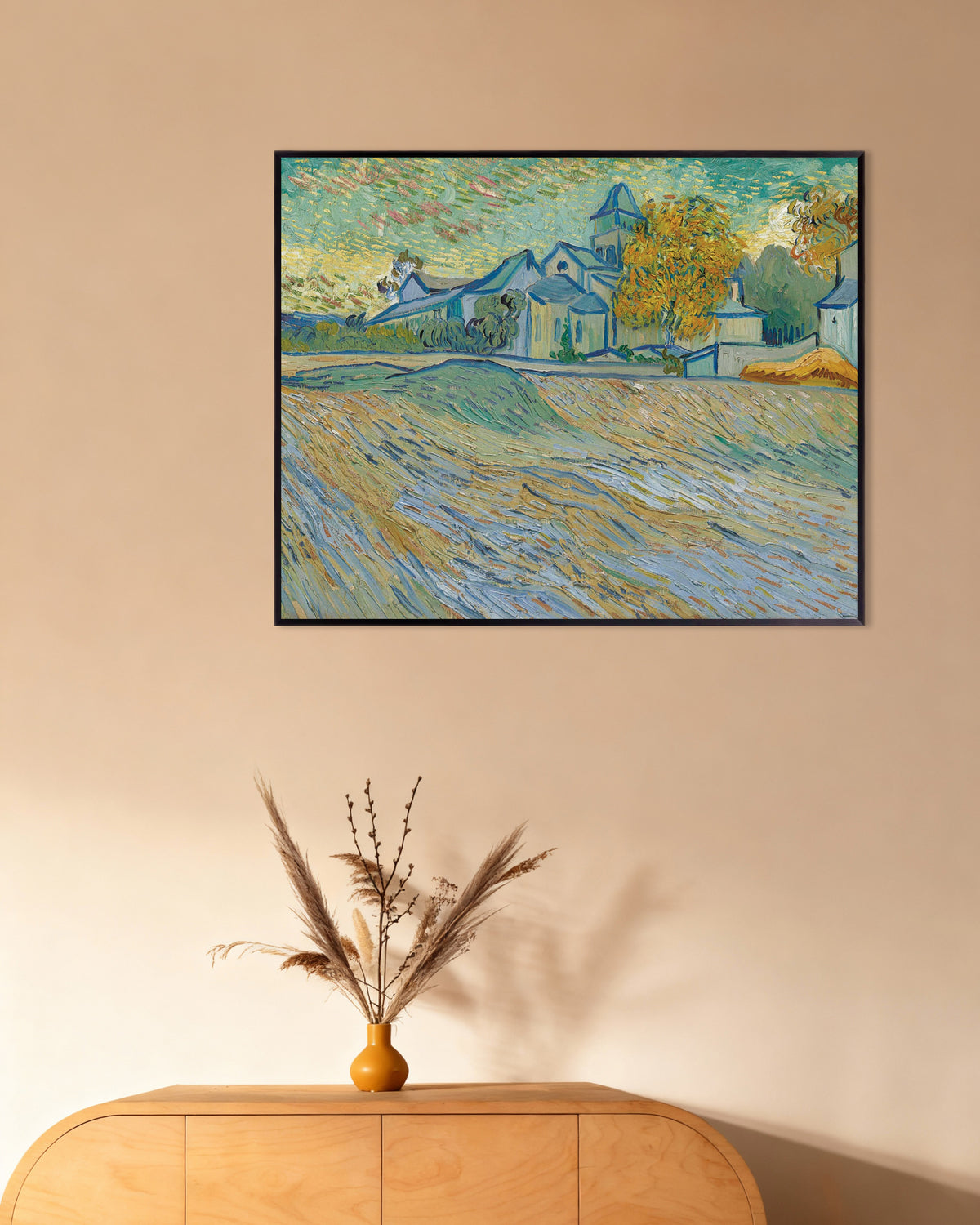 Poster of View of the Asylum and Chapel at Saint-Rémy (1889) by Vincent van Gogh, with metal frame
