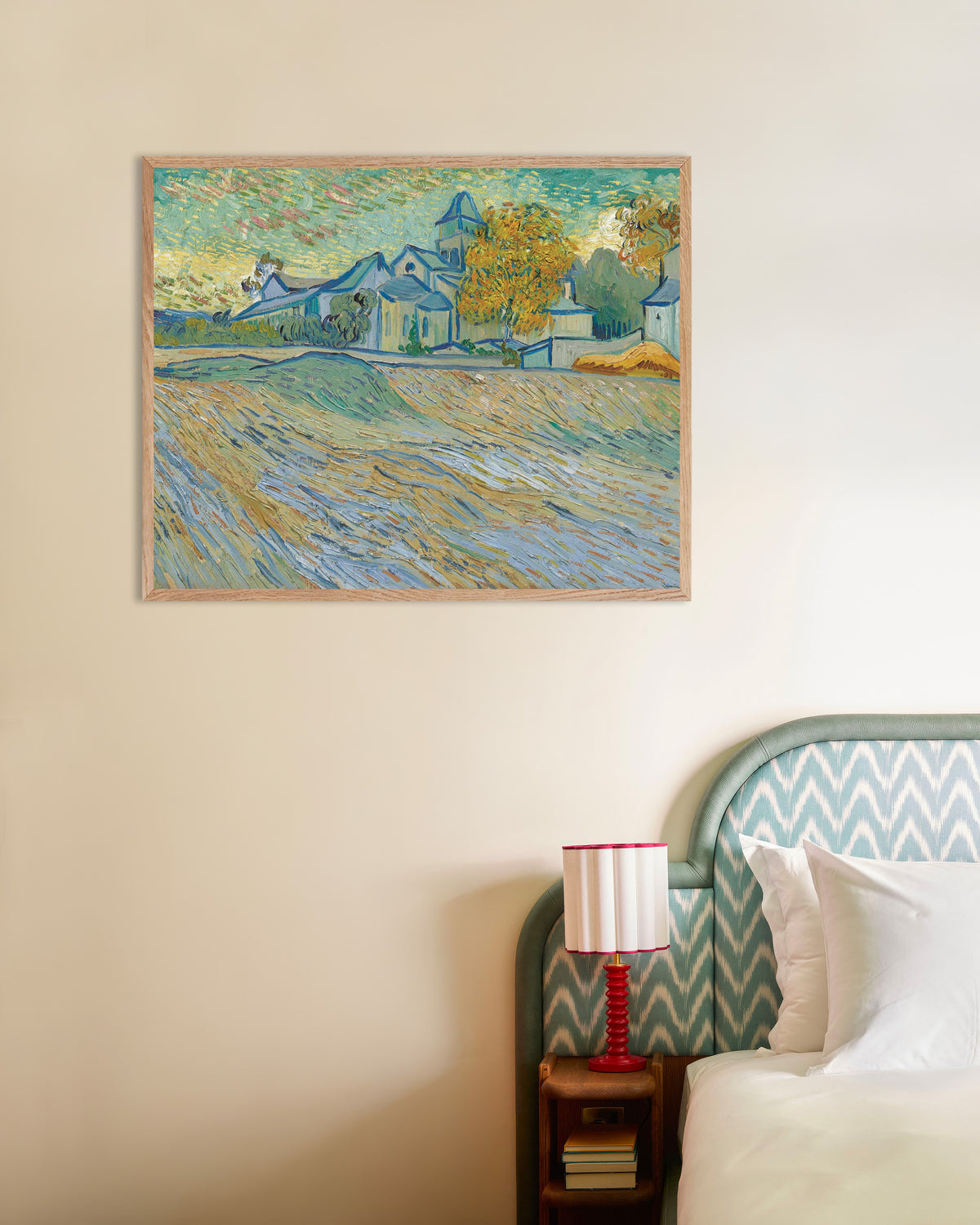 Poster of View of the Asylum and Chapel at Saint-Rémy (1889) by Vincent van Gogh, with natural wooden frame