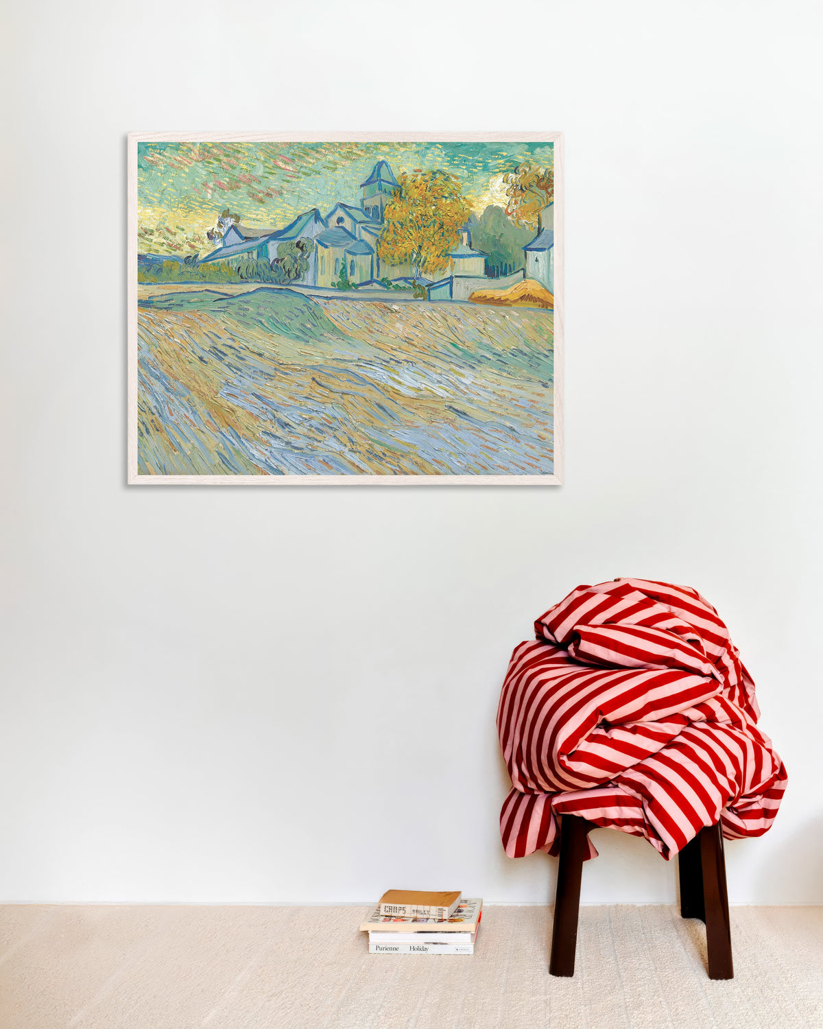 Poster of View of the Asylum and Chapel at Saint-Rémy (1889) by Vincent van Gogh, with white wooden frame