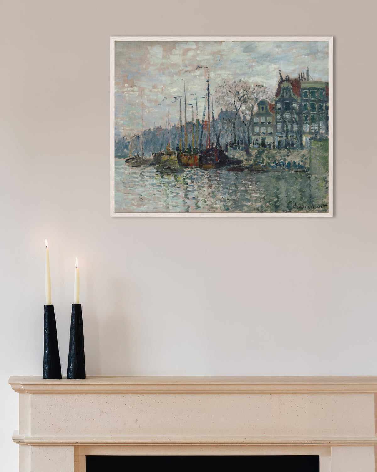 Poster of View of the Prins Hendrikkade and the Kromme Waal in Amsterdam (1874) by Claude Monet, with white wooden frame