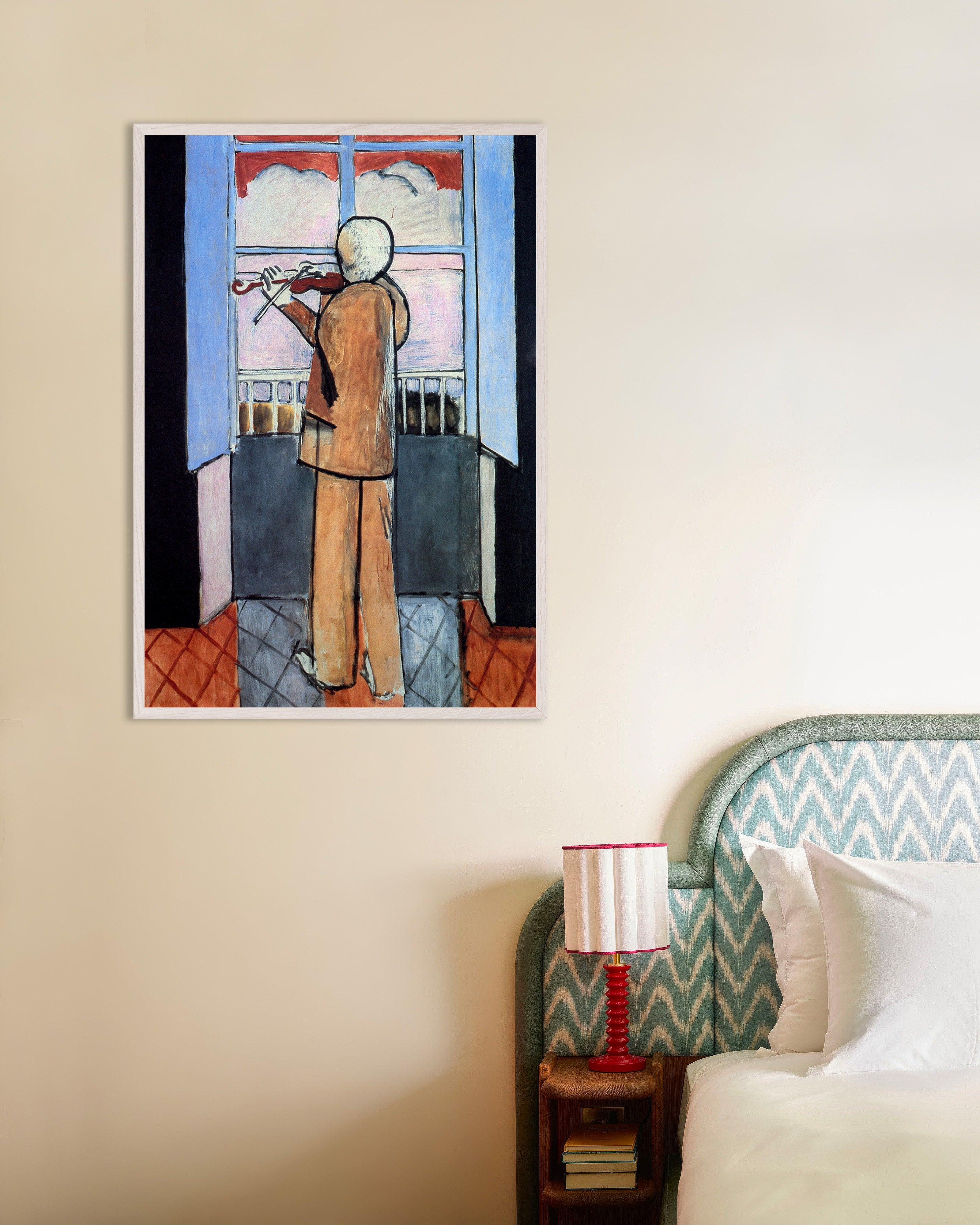 Poster of Violinist at the window (1918) by Henri Matisse, with white wooden frame