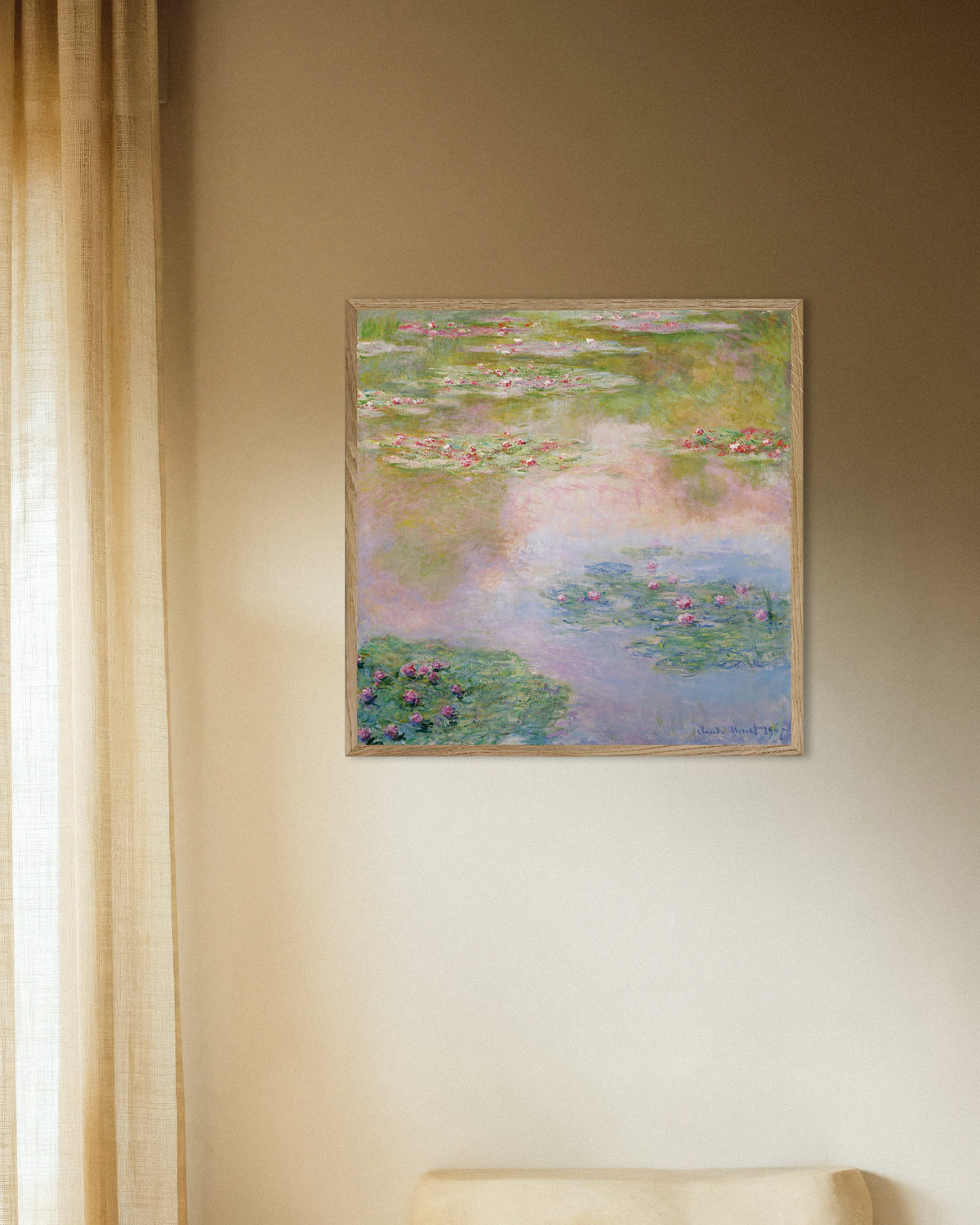 Poster of Water Lilies, Pink Reflections (1907) by Claude Monet, with natural wooden frame