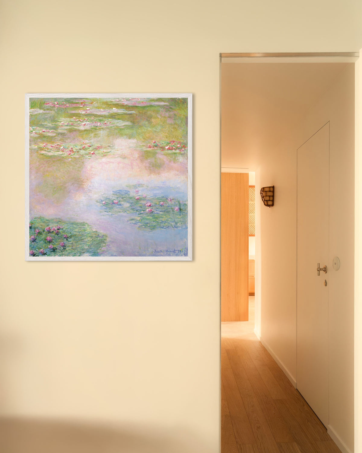 Poster of Water Lilies, Pink Reflections (1907) by Claude Monet, with white wooden frame