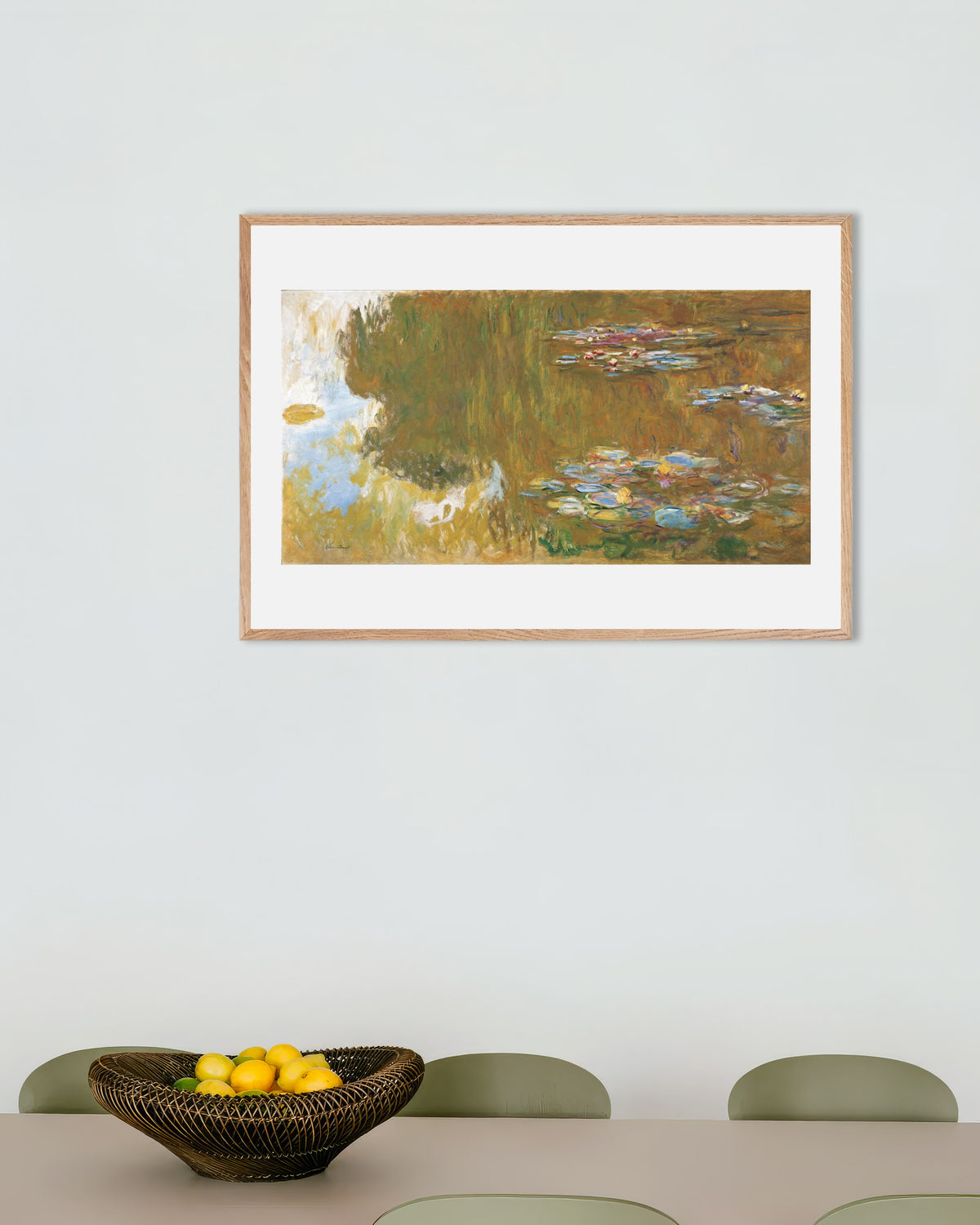 Poster of Water Lily Pond with Willow Reflections (c. 1917–1919) by Claude Monet, with natural wooden frame