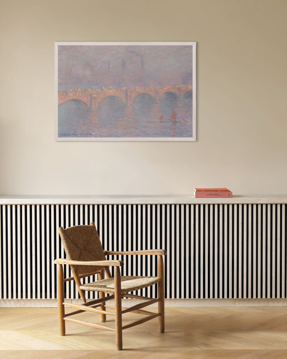 Poster of Waterloo Bridge, Hazy Sunshine (1899–1903) by Claude Monet, with white wooden frame