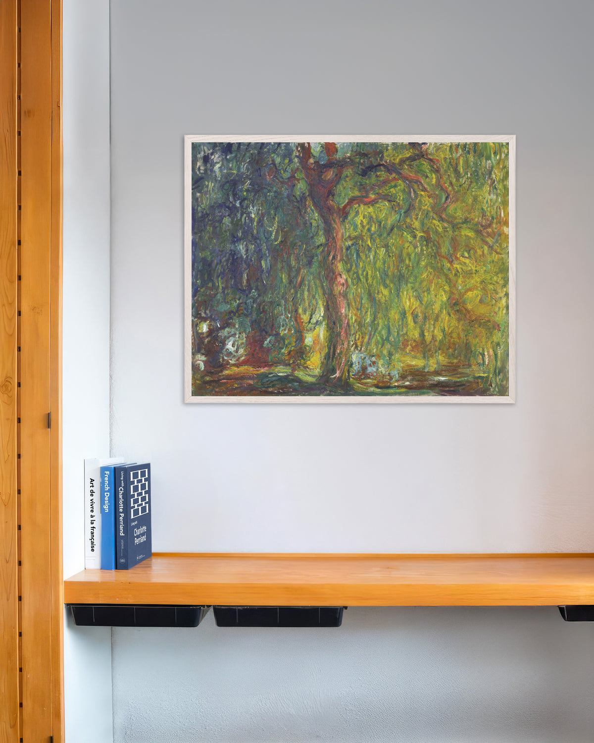 Poster of Weeping Willow (1918–1919) by Claude Monet, with white wooden frame