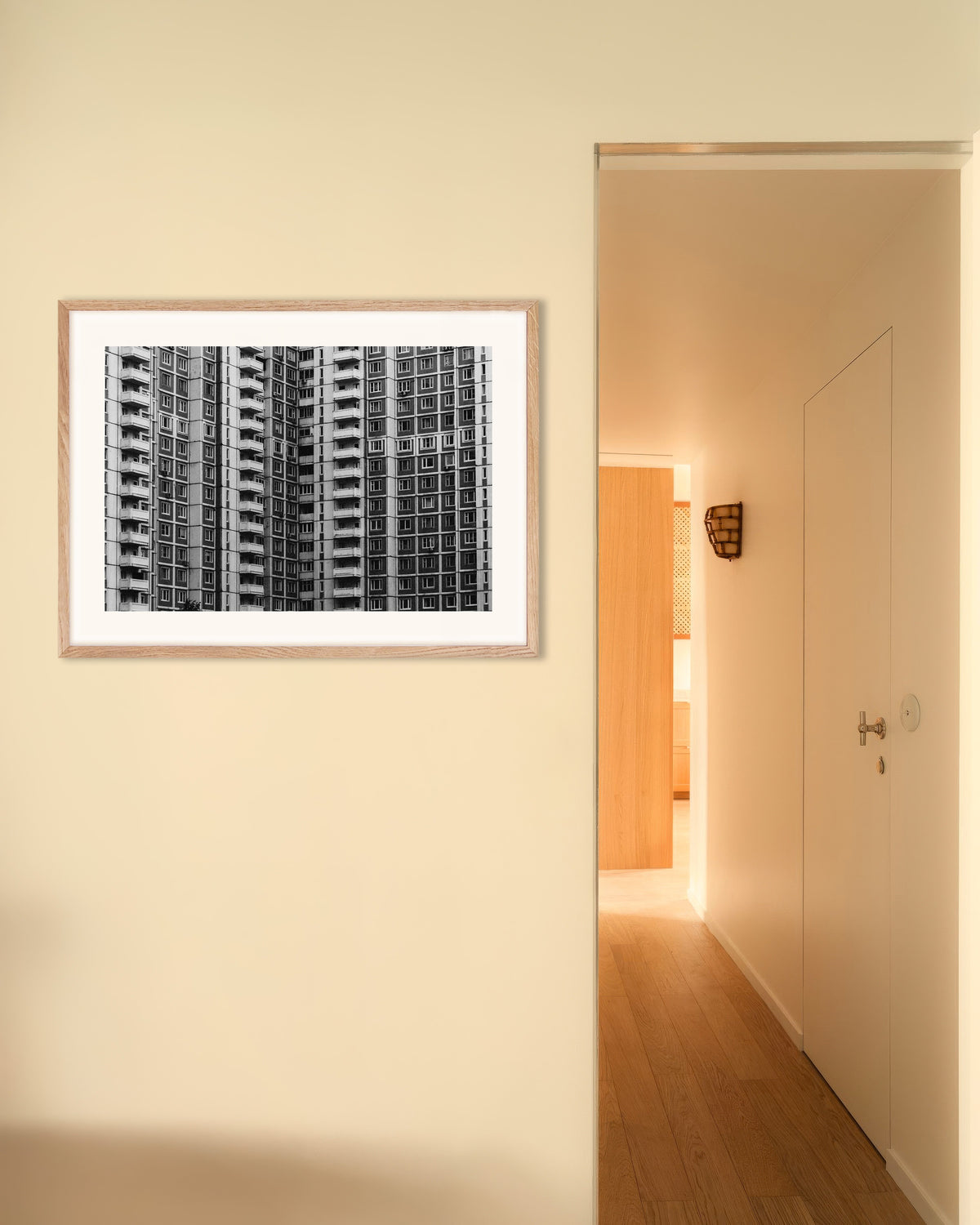Poster of Window Grid of a Tower Block, with natural wooden frame