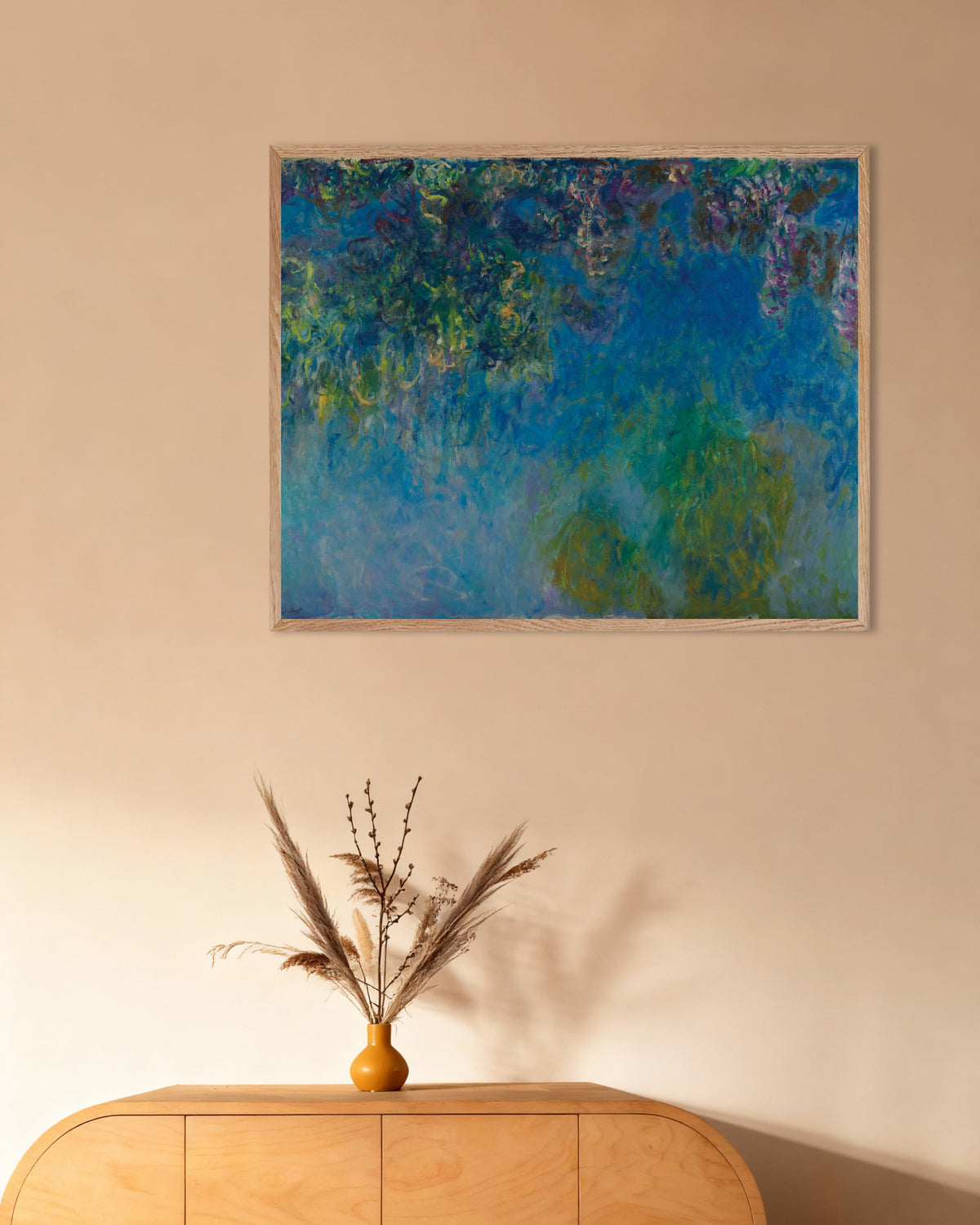 Poster of Wisteria (c. 1925) by Claude Monet, with natural wooden frame