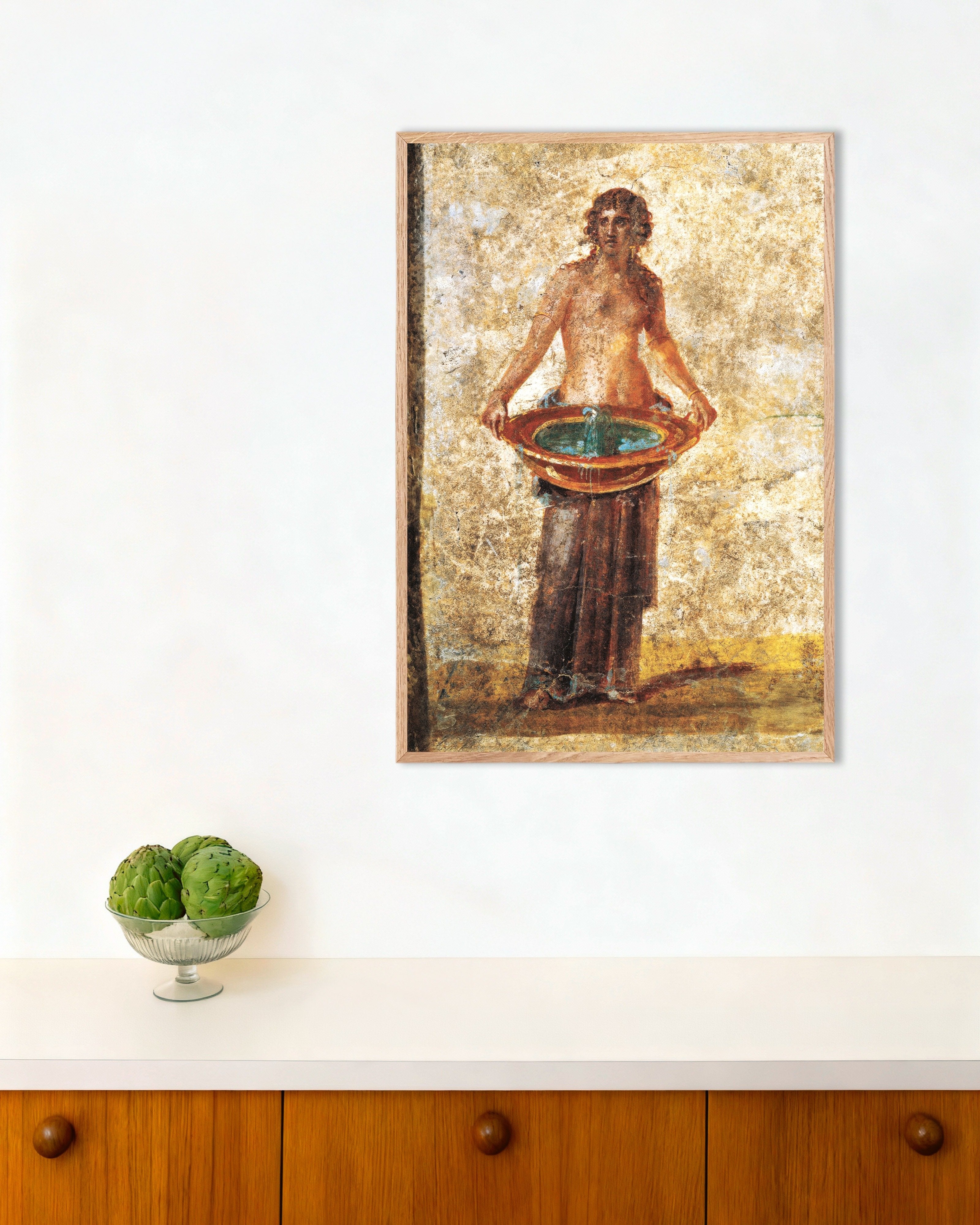 Poster of Woman carrying water bucket fresco poster, with natural wooden frame
