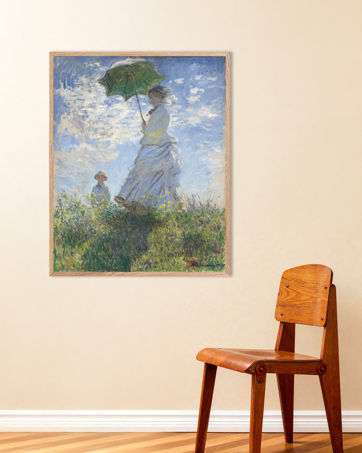 Poster of Woman with a Parasol, Madame Monet and Her Son (1875) by Claude Monet, with natural wooden frame