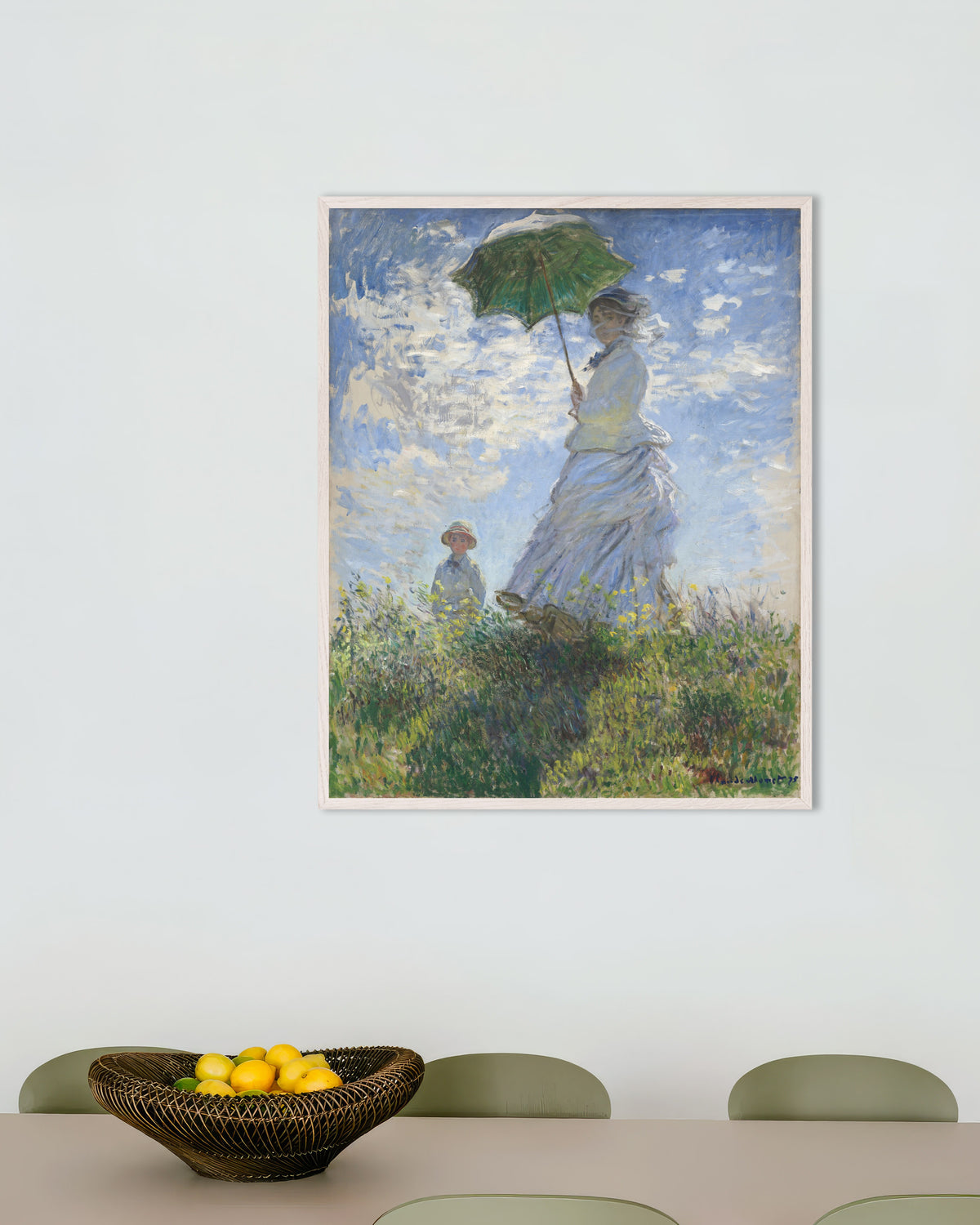 Poster of Woman with a Parasol, Madame Monet and Her Son (1875) by Claude Monet, with white wooden frame