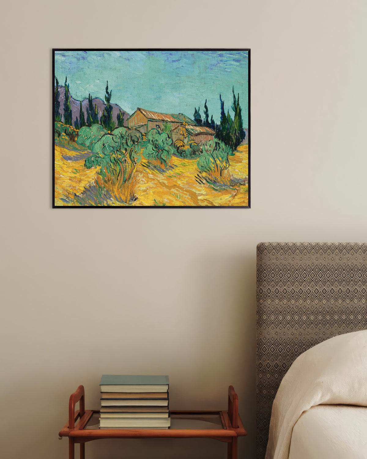 Poster of Wooden Huts among Olive Trees and Cypresses (1889) by Vincent van Gogh, with metal frame